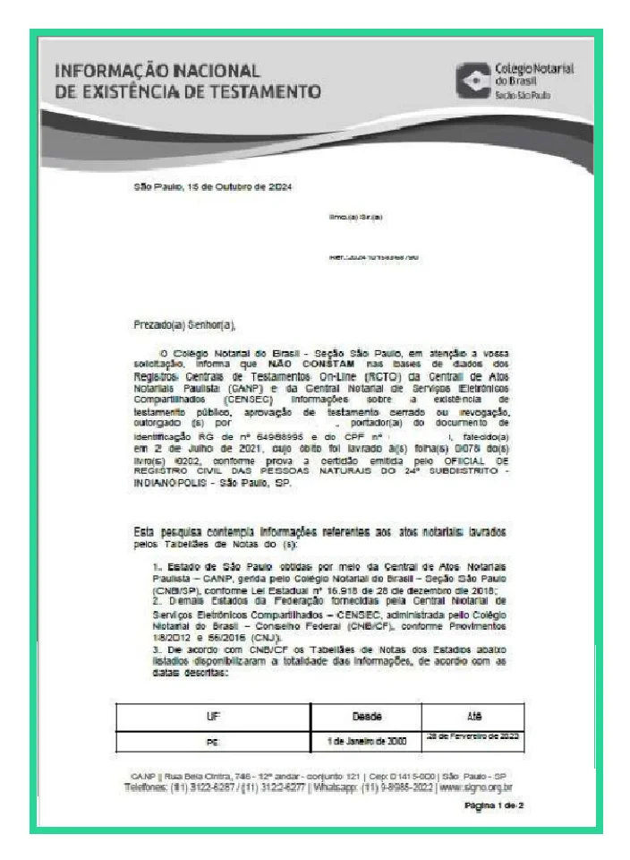 Certidão negativa de Testamento